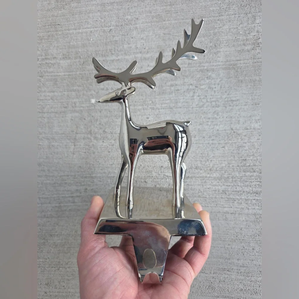 Crate & Barrel Silver Reindeer Stocking Holder / Hook 9” Modern Holiday Decor